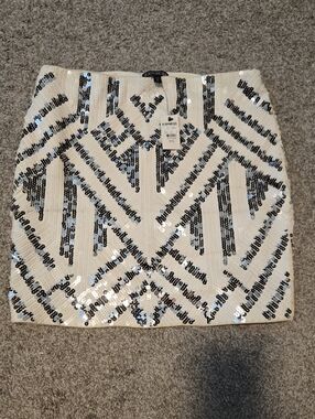 Express White Mini Skirt with Black & Silver Sequin Geometric Design